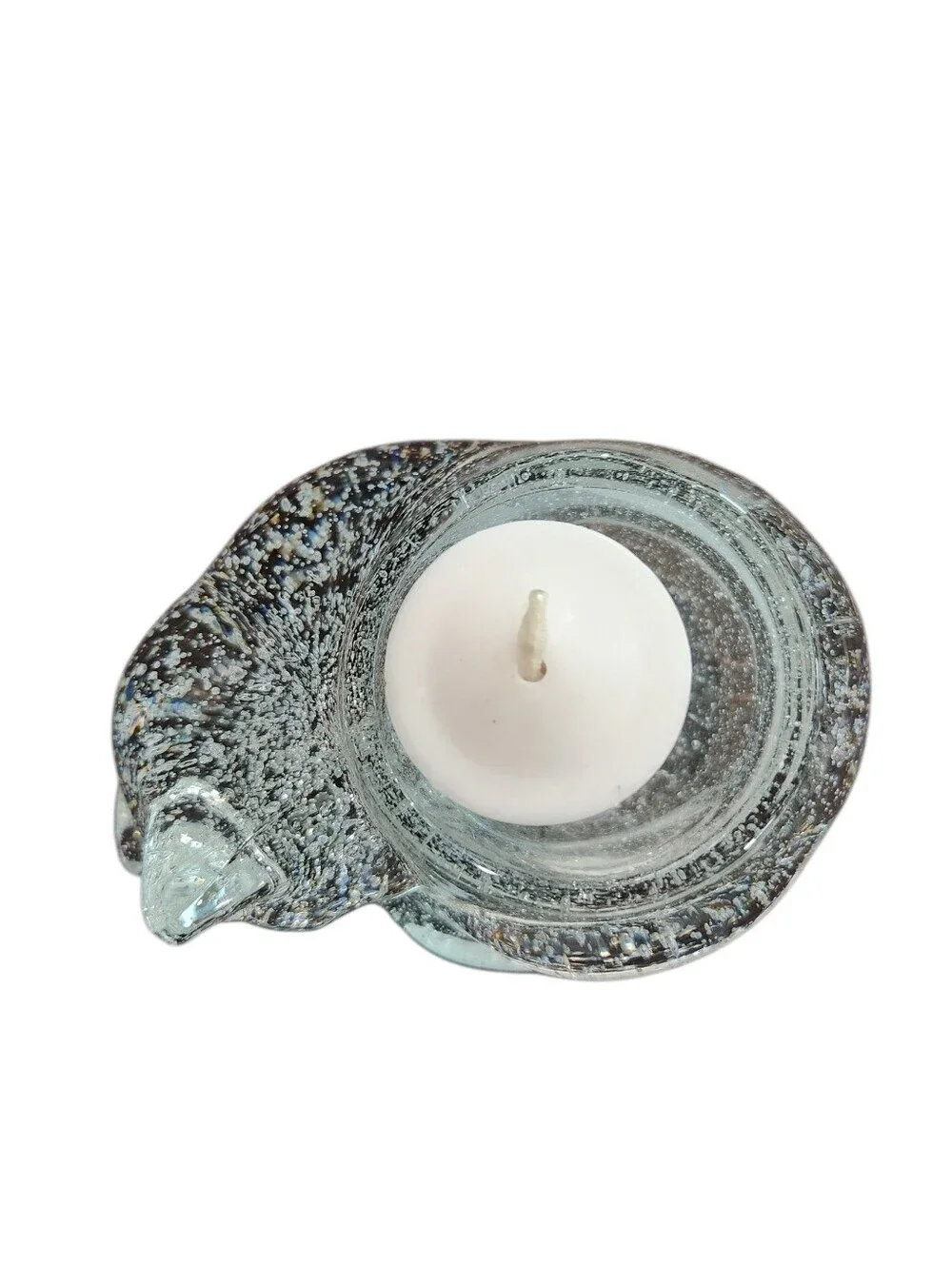 INDIANA GLASS Bubble Glass Sleeping Cat Votive Candle Holder NWT